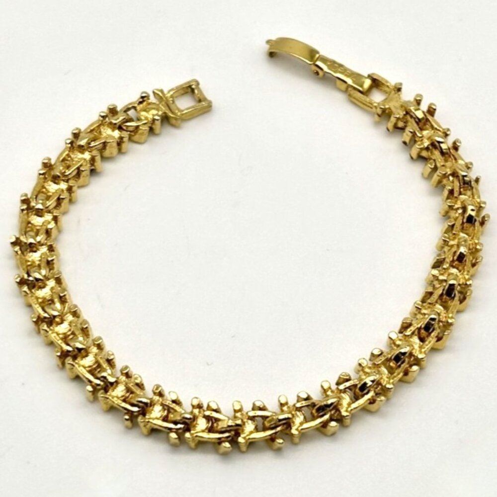 Vintage Gold Tone Metal and Faux Sapphire Faux Diamond Tennis Style Bracelet 80s - Picture 11 of 13